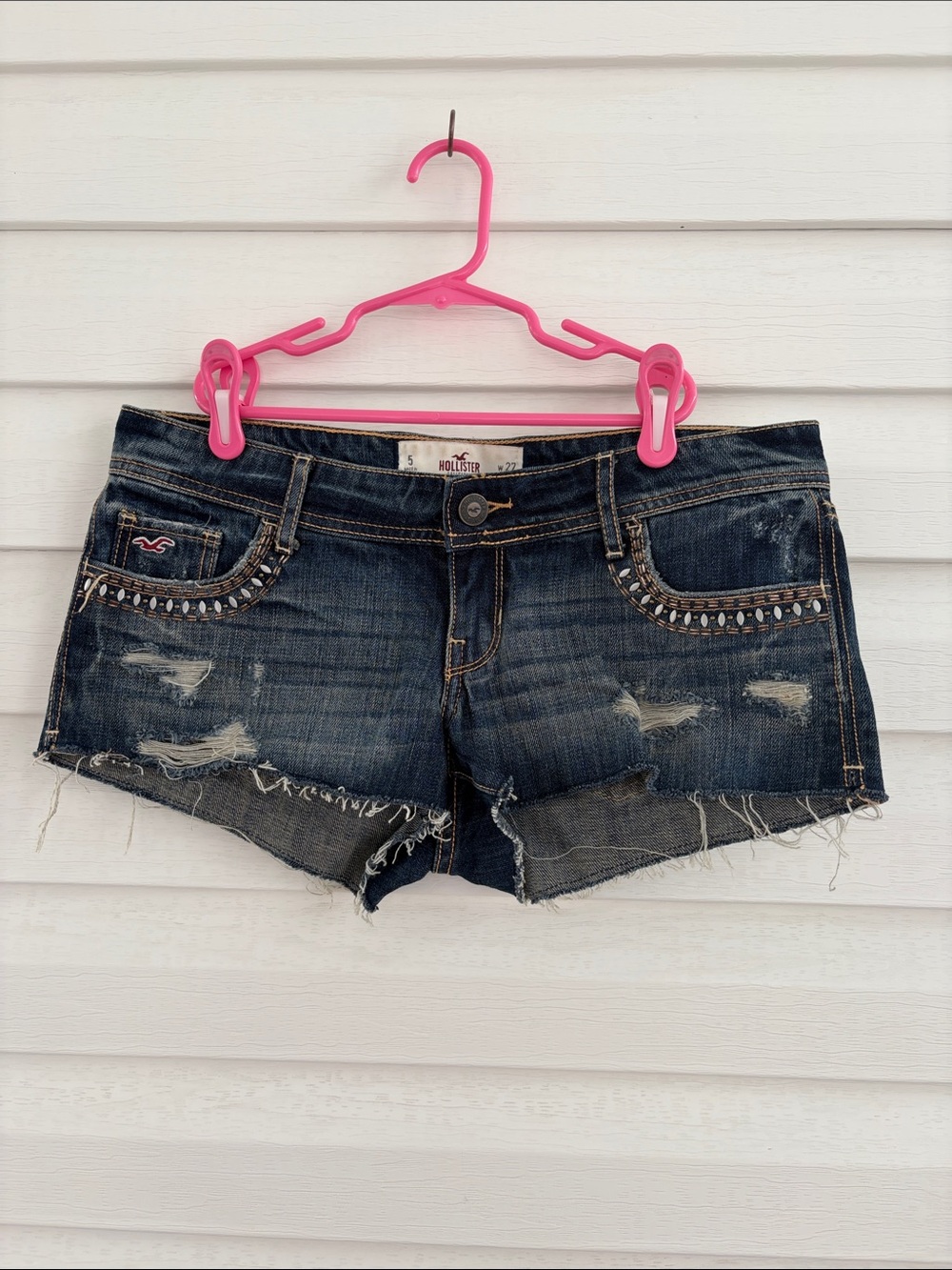 Hollister W27 Y2K Low Rise Micro Denim Shorts Rhinestone Cutoff